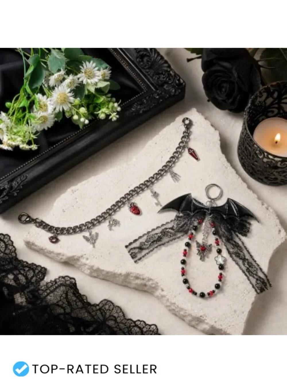 Gothic Y2K Bow Bag Charms Keychain Set with Bat Heart Charms - Purse Accessories